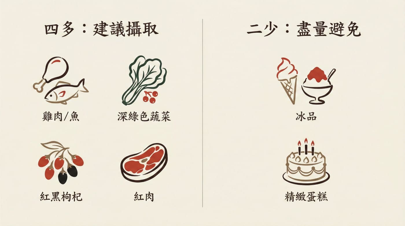 補氣血飲食懶人包資訊圖表：四多二少飲食原則與推薦食材