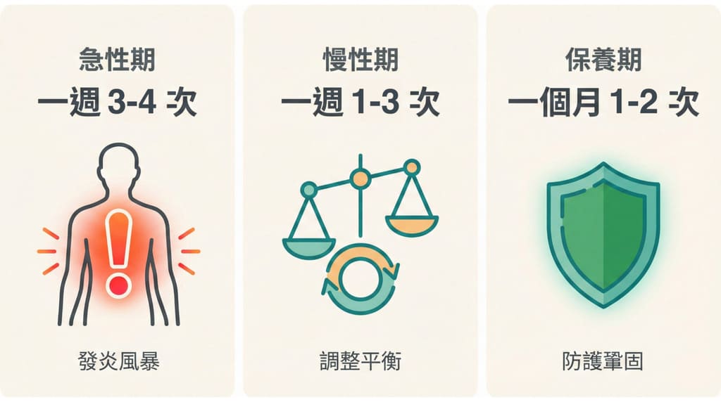 針灸治療三階段頻率圖解：急性期、慢性調理期、保養鞏固期