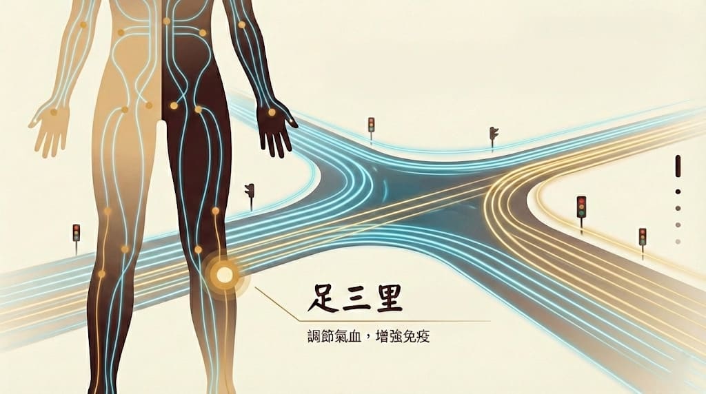 中醫經絡系統視覺化、氣血運行如交通網絡、足三里穴位、氣滯血瘀解說圖。