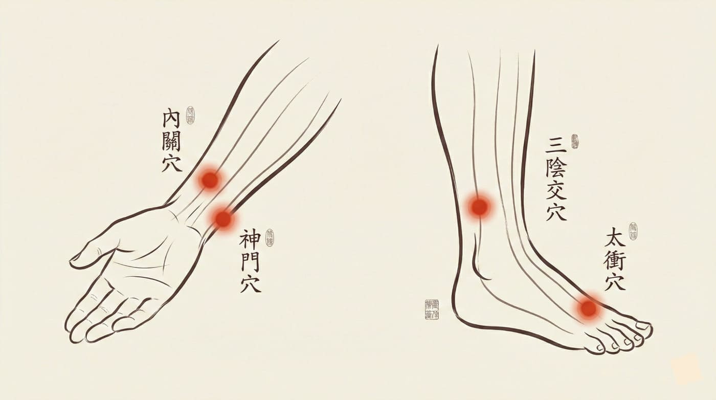 更年期針灸常用穴位圖:內關、神門、三陰交、太衝