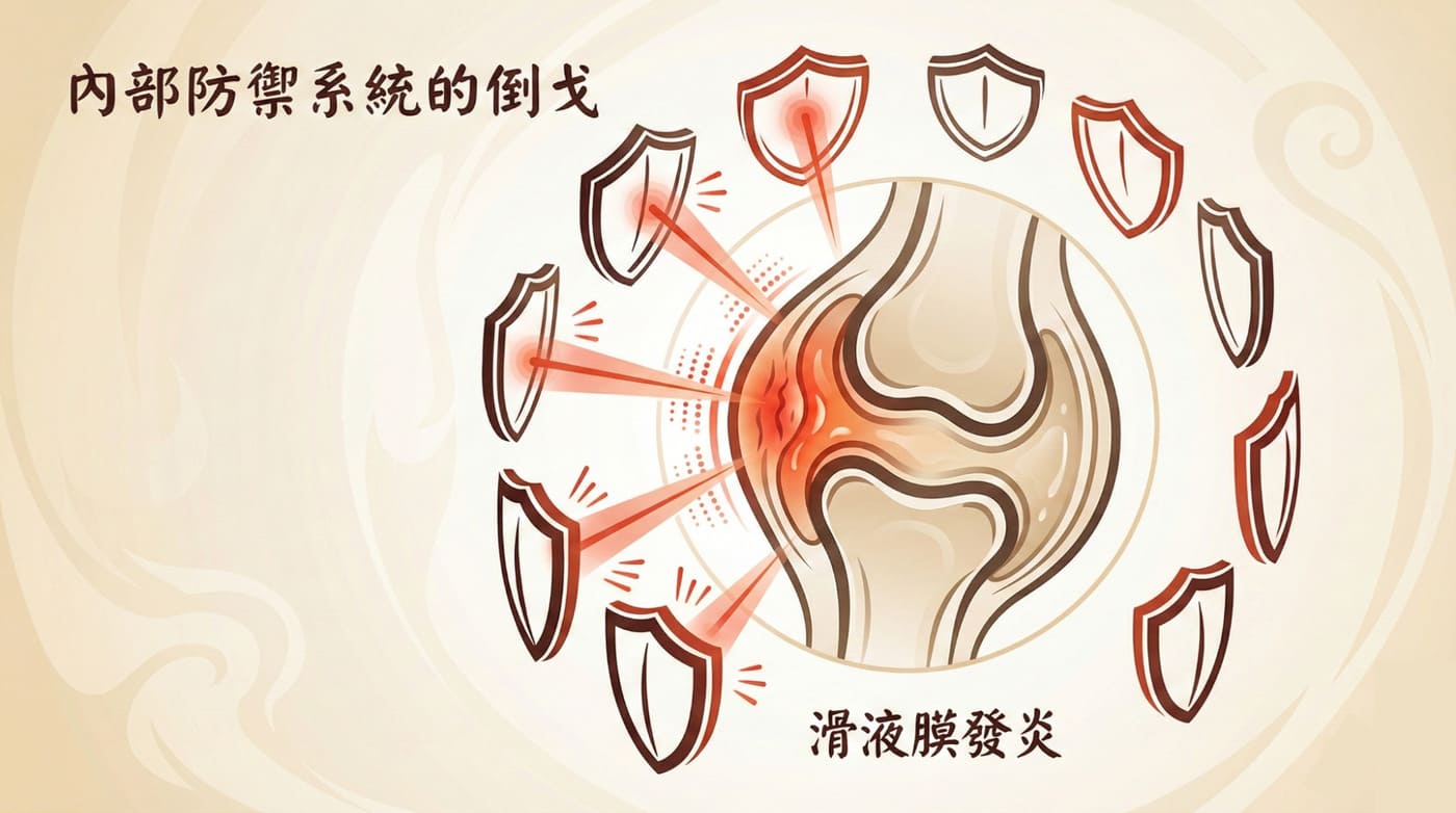 類風濕性關節炎自體免疫攻擊機理，免疫系統誤攻滑液膜導致發炎